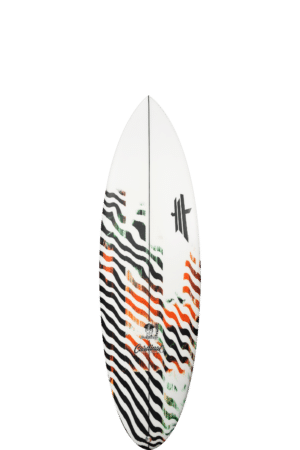 Shapers-Club- Une planche de surf blanche avec des rayures noires et oranges. -surfshop-surfboard