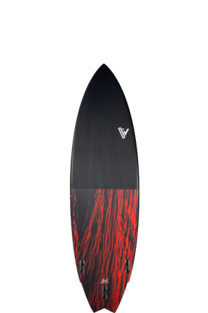 Shapers-Club- Une planche de surf noire et rouge sur fond blanc. -surfshop-surfboard