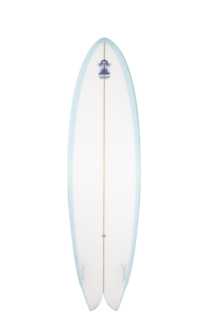 Shapers-Club- Une planche de surf blanche et bleue sur fond blanc. -surfshop-surfboard