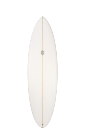 Shapers-Club- Une planche de surf blanche sur fond vert. -surfshop-surfboard
