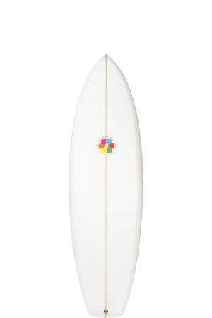 Shapers-Club- Une planche de surf blanche avec un logo coloré dessus. -surfshop-surfboard