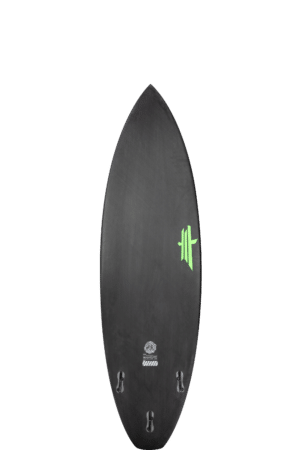Shapers-Club- Une planche de surf noire avec un logo vert dessus. -surfshop-surfboard