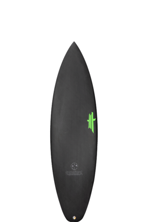 Shapers-Club- Une planche de surf noire et verte sur fond blanc. -surfshop-surfboard