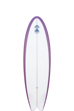 Shapers-Club- Une planche de surf violette et blanche sur fond blanc. -surfshop-surfboard