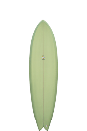 Shapers-Club- Une planche de surf verte avec un personnage de dessin animé dessus. -surfshop-surfboard