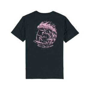 Shapers-Club- Un t-shirt noir avec un motif rose dessus. -surfshop-surfboard