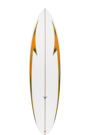 Shapers-Club- Une planche de surf blanche et orange. -surfshop-surfboard