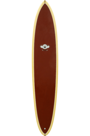 Shapers-Club- Une planche de surf rouge et jaune sur fond blanc. -surfshop-surfboard