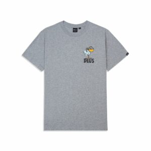 Shapers-Club- Un t-shirt gris avec un oiseau jaune dessus. -surfshop-surfboard