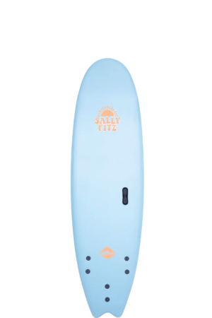 Shapers-Club- Une planche de surf bleue avec un logo orange dessus. -surfshop-surfboard