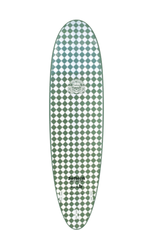 Shapers-Club- Une planche de surf verte et blanche avec un motif à carreaux. -surfshop-surfboard