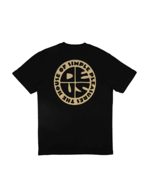 Shapers-Club- Un t-shirt Deus - Pushstart noir avec un logo doré dessus.