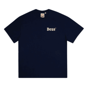 Shapers-Club- Un t-shirt Deus - Wobble de la marine avec le mot Deus dessus.