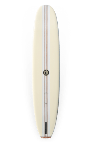 Shapers-Club- Le Beau Young - Noserider 9'4 : une planche de surf blanche avec une bande noire dessus.