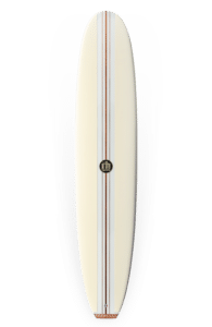 Shapers-Club- Une planche de surf Beau Young - Noserider 9'4 avec une bande marron dessus.
