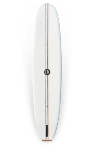 Shapers-Club- Une planche de surf Roger Hinds - Classic 9'6 avec une bande marron dessus.