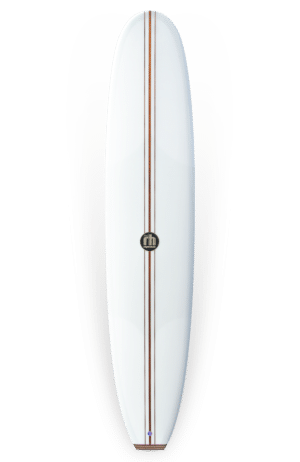 Shapers-Club- Une planche de surf Roger Hinds - Classic 9'6 avec une bande marron dessus.
