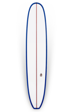 Shapers-Club- Une planche de surf Joel Fitzgerald - ML 42 7'7 blanche et bleue avec une rayure rouge et bleue.