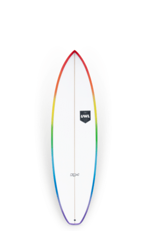 Shapers-Club- Un design Neal Purchase – Planche de surf Zephyr Twin 6'10 avec un motif arc-en-ciel dessus.