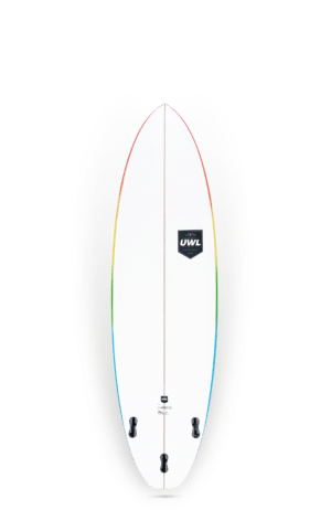 Shapers-Club- Un design Neal Purchase – Planche de surf Zephyr Twin 6'10 avec un logo arc-en-ciel dessus.