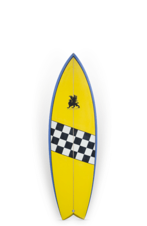 Shapers-Club- Une planche de surf Joel Fitzgerald - ML 42 7'7 jaune et noire avec un motif à carreaux.