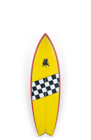 Shapers-Club- Une planche de surf Joel Fitzgerald - ML 42 7'7 jaune et noire avec un design à carreaux.