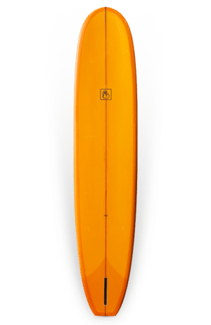 Shapers-Club- Une planche de surf Roger Hinds - Classic 9'6 avec un design orange et gris.