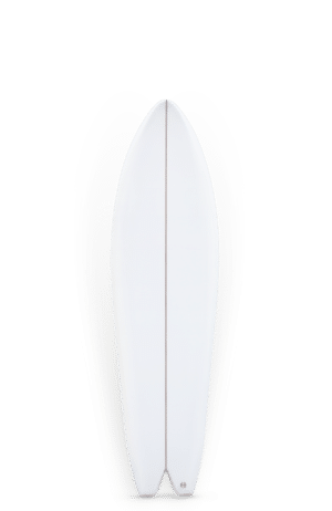 Shapers-Club- Une planche de surf Joel Fitzgerald - ML 42 7'7 blanche et noire sur fond vert.