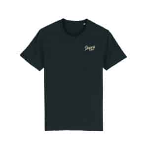 Shapers-Club- Un Tee-shirt noir - Good Vibes Only - Shapers Club (vert) avec un logo doré dessus.