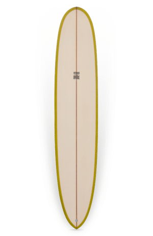 Shapers-Club- A Pinder Hawaii - Straight Pin 9'5 sur fond blanc avec une bande jaune.