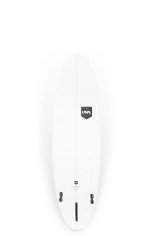 Shapers-Club- Planches de surf White Speed Dealer 6'4 Uwl avec logo noir en haut au centre, debout sur un fond transparent. -surfshop-surfboard