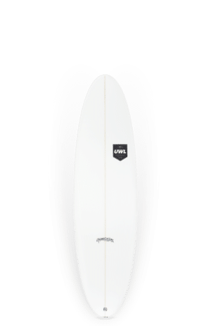 Shapers-Club- Une planche de surf blanche de 6'4 avec un logo noir Speed Dealer 6'4 dessus. -surfshop-surfboard