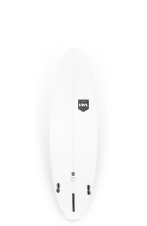 Shapers-Club- Uwl Surfboards - Speed Dealer 6'4 avec des rails noirs et un logo Speed Dealer sur la partie supérieure, affiché sur fond blanc. -surfshop-surfboard