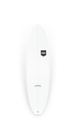 Shapers-Club- Uwl Surfboards - Speed Dealer 6'4 avec un design blanc et gris sur fond blanc. -surfshop-surfboard