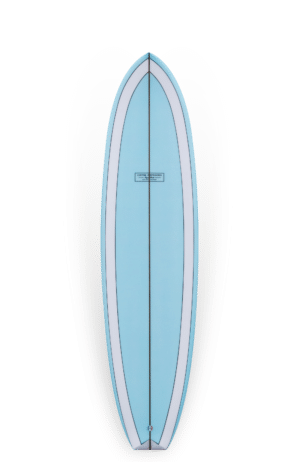 Shapers-Club- Une planche de surf ROGER HINDS - AUSSIE V bleue avec un outline blanc conçue par Roger Hinds. -surfshop-surfboard