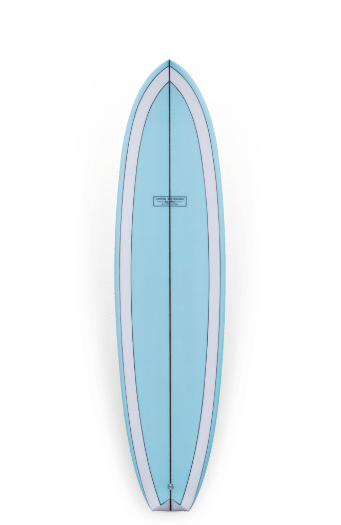 Shapers-Club- Une planche de surf ROGER HINDS - AUSSIE V bleue avec un outline blanc conçue par Roger Hinds. -surfshop-surfboard