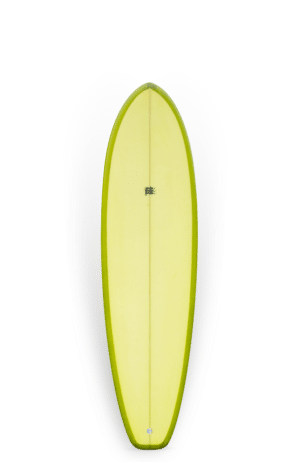Shapers-Club- Une planche de surf orange et jaune d'UWL Surfboards, mesurant Seven Four 7'4x22x2 7/8 52L, sur fond noir. -surfshop-surfboard