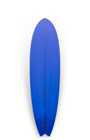 Shapers-Club- Une planche de surf UWL Surfboards Seven Four 7'4x22x2 7/8 52L bleue sur fond noir. -surfshop-surfboard
