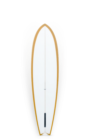 Shapers-Club- Une planche de surf blanche avec une queue jaune vif. -surfshop-surfboard