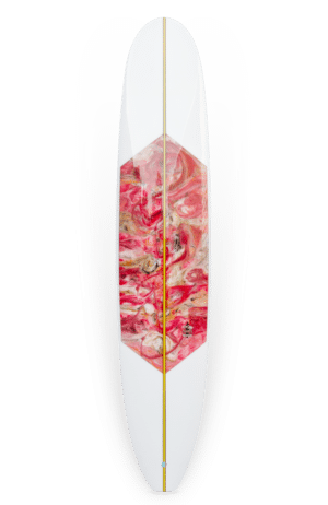 Shapers-Club- Une planche de surf au design rose et blanc. -surfshop-surfboard