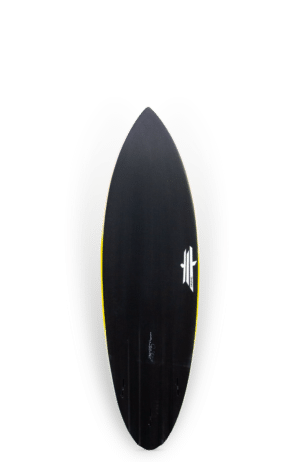 Shapers-Club- Une planche de surf noire et jaune sur fond blanc, parfaite pour l'optimisation SEO. -surfshop-surfboard
