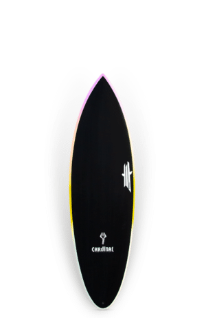 Shapers-Club- Une planche de surf CARDINAL - LUCKY 13 - 5'9X19 7/8X2 1/2 - BLACK MARBLE avec un logo arc-en-ciel dessus. -surfshop-surfboard
