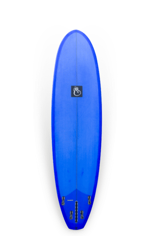 Shapers-Club- La planche de surf présente un logo noir sur sa surface bleue. -surfshop-surfboard