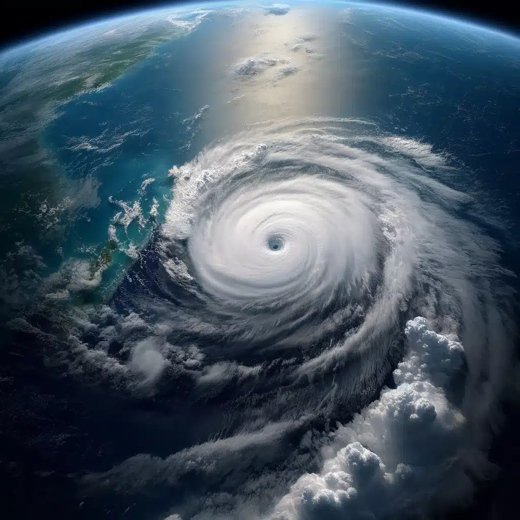 Shapers-Club- Un ouragan massif vu de l'espace, mettant en valeur sa puissante structure en spirale et ses conditions de surf au milieu du vaste décor des paysages et des océans de la Terre. -surfshop-surfboard