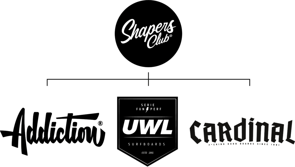 Shapers-Club- Graphique monochrome avec logos liés au surf, notamment "Shapers Club", "UWL Surfboards" et "Cardinal" sur fond noir. -surfshop-surfboard