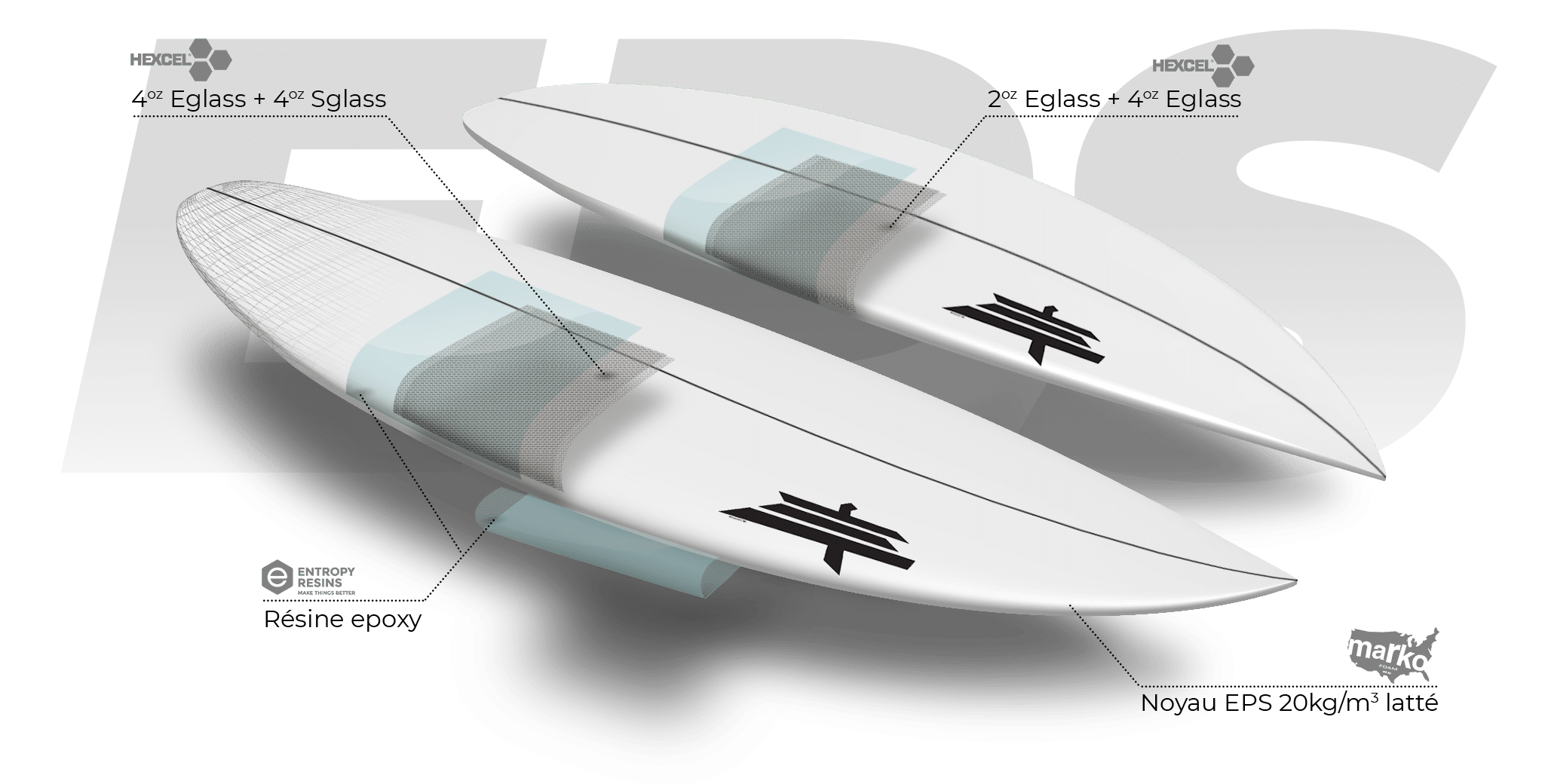 Shapers-Club- Illustration 3D de deux planches de surf avec spécifications techniques de conception, présentant les nouvelles tendances pour 2024. -surfshop-surfboard