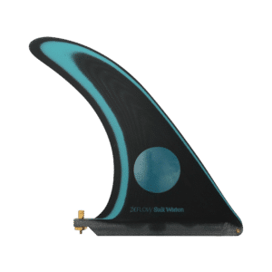 Shapers-Club- Aileron de planche de surf noir et bleu sarcelle avec le texte « de flow salt water » dessus. -surfshop-surfboard