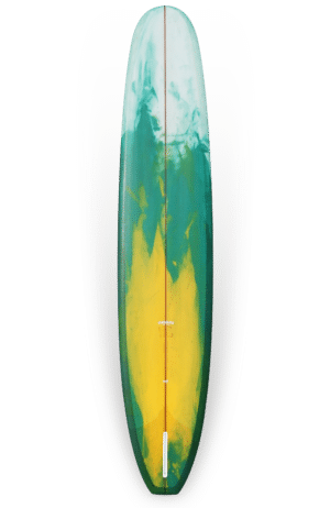 Shapers-Club- Une planche de surf avec un motif dégradé du vert au jaune affiché verticalement sur un fond blanc en mode brouillon automatique. -surfshop-surfboard