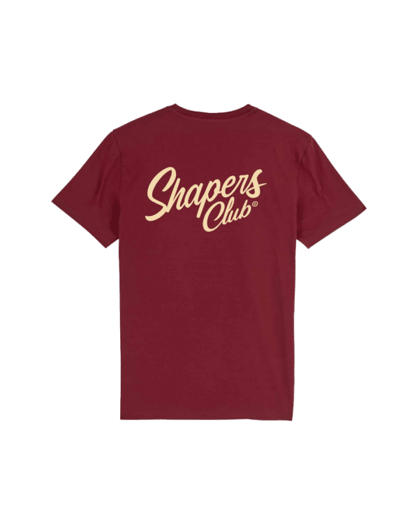 Shapers-Club- Un Tee-shirt bordeaux avec les mots "Good Vibes Only" écrits en caractères dorés stylisés au dos. -surfshop-surfboard