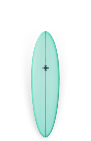 Shapers-Club- Une planche de surf Joel Fitzgerald - Cosmic Twin - 7'4 vert menthe avec un logo Joel Fitzgerald noir près du centre, affiché sur un fond blanc. -surfshop-surfboard